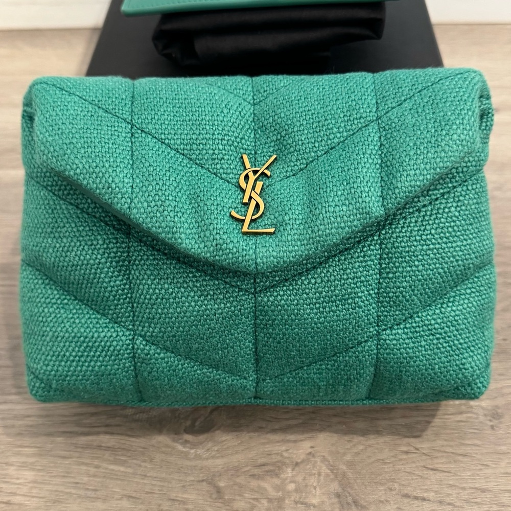 Saint Laurent Denim Quilted Loulou Puffer Monogram Pouch Clutch in Basil color - Picture 2 of 14